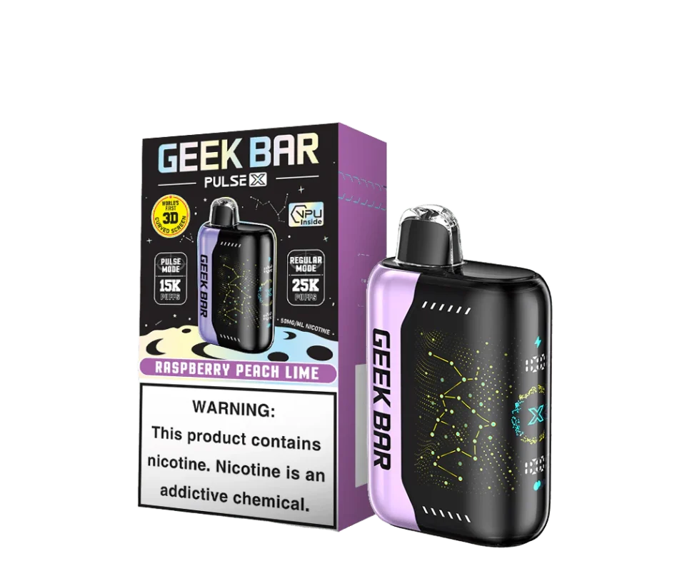 The Raspberry Peach Lime Geek Bar Pulse X is a tangy blend of Raspberry, Peach, and Lime with the Geek Bar Pulse X  offering up to 25,000 puffs in regular mode or 15,000 in pulse mode, This Geek Bar Pulse X 25000 Puffs Disposable